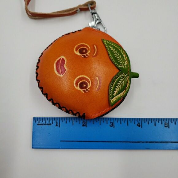ORANGE FRUIT Pendant Jewelry Pouch Handmade Leather Whimsy Gift Zip Coin Purse - Picture 11 of 13